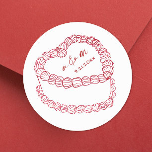 Adesivo Redondo Bolo Vintage Desenhado à Mão Vermelho Casamento Ca
