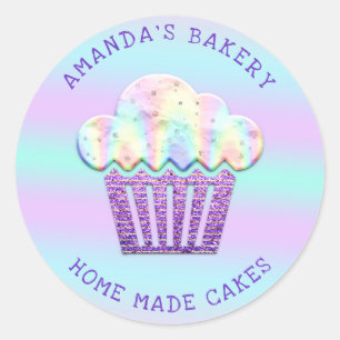 Adesivo Redondo Bolos Cupcake doce Lar Vegan padaria azul púrpura