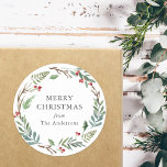 Adesivo Redondo Bolsa de inverno Wreath no Natal<br><div class="desc">Etiquetas de Natal e etiquetas de Natal personalizadas,  com aquarela festiva,  coroa de Natal com verde de inverno e bagas vermelhas.</div>