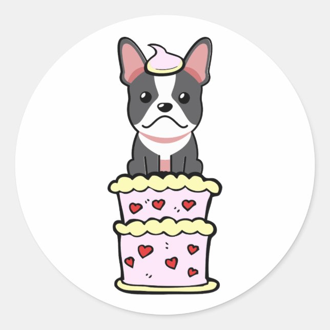 Adesivo Redondo Bolsa francesa engraçada saltando de um bolo (Frente)