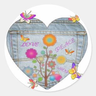 Adesivo Redondo Bolsos de Jeans Coração Flores Borboletas