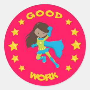 Adesivo Redondo Bom Trabalho Super Heroína Negra Educação Escolar