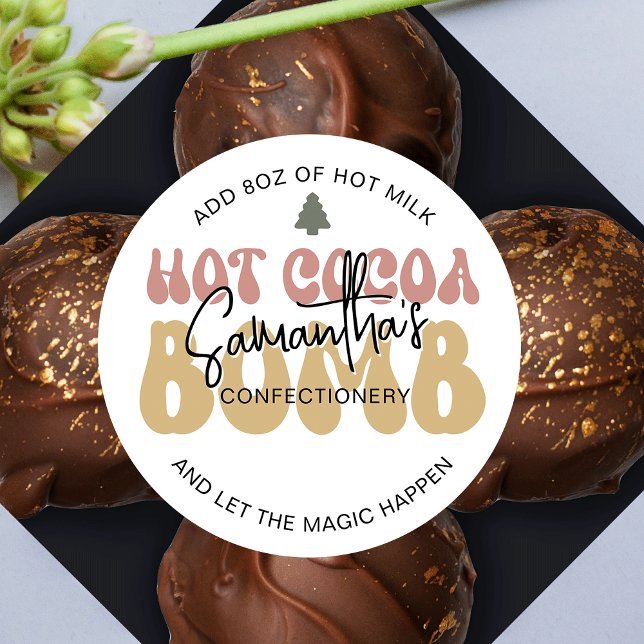 Adesivo Redondo Bomba de Cacau Quente Instruções Férias Retro Fest (Ho Cocoa Bomb Stickers in festive colors, perfect for your hot chocolate bombs)