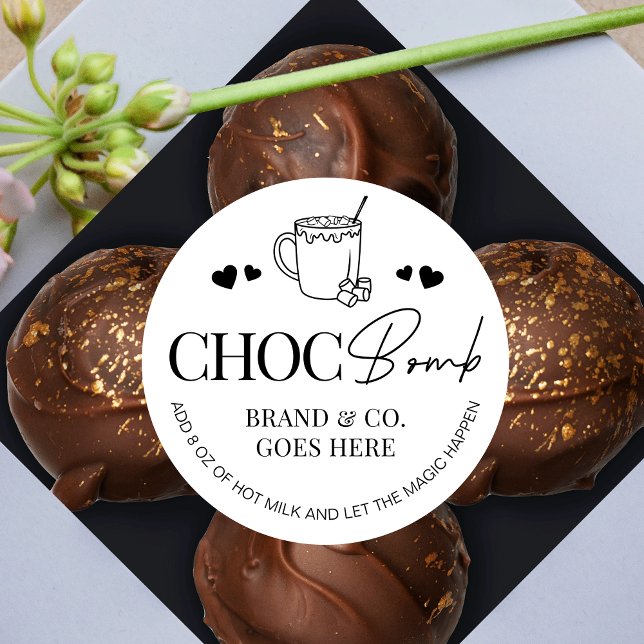 Adesivo Redondo Bomba de chocolate quente com cacau Instruções Log (Modern Hot Chocolate Bomb labels in a minimalist black & white design)