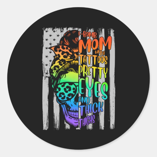 Adesivo Redondo Bomba-F Mãe Com Tatuagens Olhos Bonito E Coisa Esp (Frente)