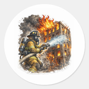 Adesivo Redondo Bombeiro Herói Lutando Contra Incêndio Resgate Ade