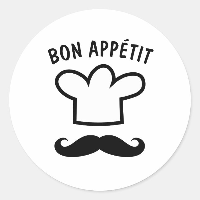 Adesivo Redondo Bon appétit comida com bigode engraçado (Frente)
