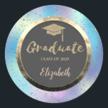 Adesivo Redondo Boné de Formando Dourado brilhante,Confetti,Hologr<br><div class="desc">Boné de formatura brilhante,  moldura de confete e círculo dourado com o seu nome.</div>