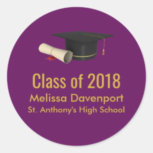 Adesivo Redondo Boné de formatura e diploma na classe roxa de 20X