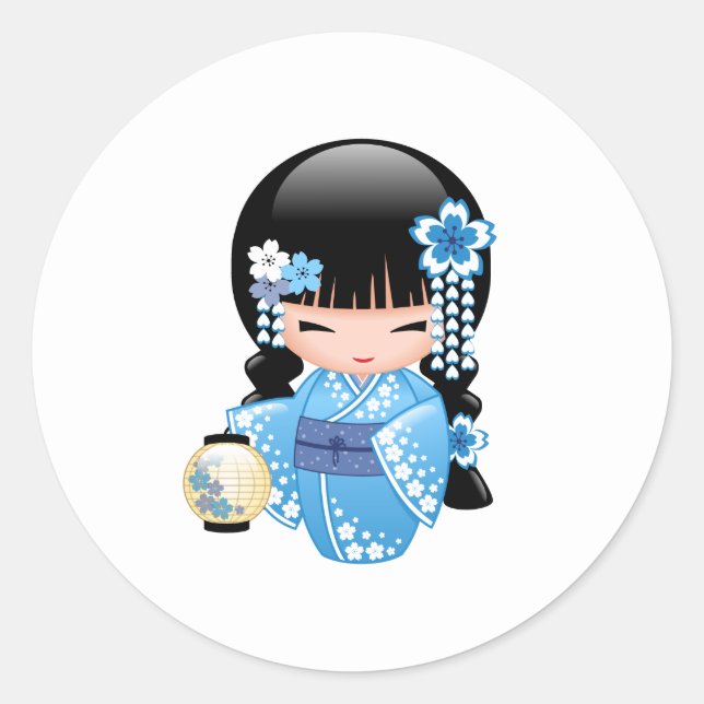 Adesivo Redondo Boneca de inverno Kokeshi - Garota Geisha Japonesa (Frente)