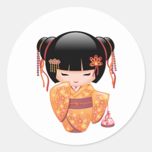 Adesivo Redondo Boneca de Ume Kokeshi - menina de gueixa japonesa