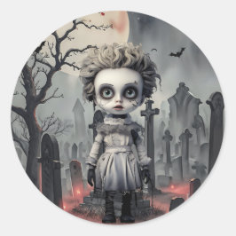 Adesivo Redondo Boneca Fantasma de Halloween em Graveyard