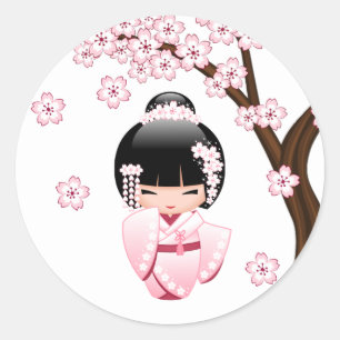 Adesivo Redondo Boneca Kawaii Kokeshi Quimono Rosa