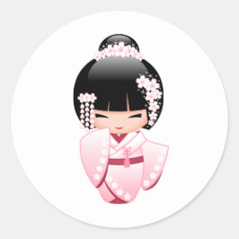 Adesivo Redondo Boneca Kokeshi Quimono Rosa Kawaii