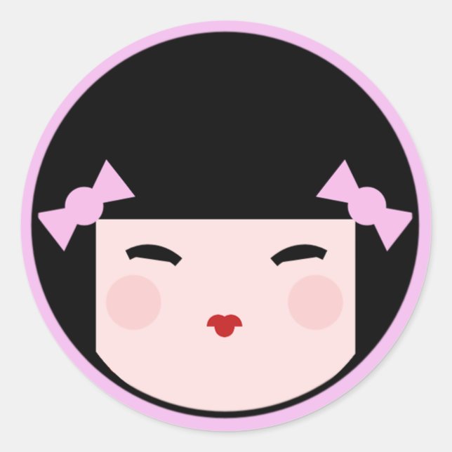 Adesivo Redondo Boneca Kokeshi Rosa (Frente)