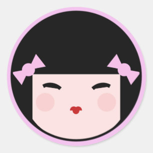 Adesivo Redondo Boneca Kokeshi Rosa