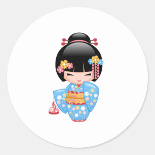 Adesivo Redondo Boneca Maiko Kokeshi - Garota Geisha Japonesa Boni