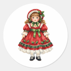 Adesivo Redondo Boneca Vintage em Aquarela com Roupa de Natal
