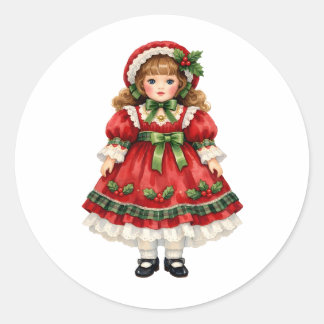 Adesivo Redondo Boneca Vintage em Aquarela com Roupa de Natal
