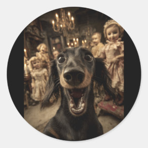 Adesivo Redondo Bonecas Engraçadas de Dachshund Selfie Assustadora