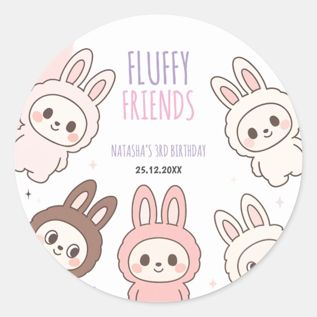 Adesivo Redondo Bonecas Fluffy Pastel Bunny Themed Birday (Frente)