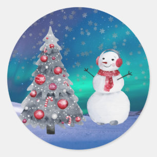 Adesivo Redondo Boneco de Neve Árvore Vermelha Aurora Aquarela Nat