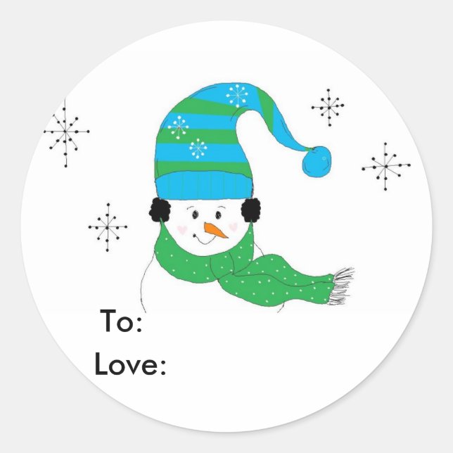Adesivo Redondo Boneco de Neve Com Chapéu e Cachecol (Frente)