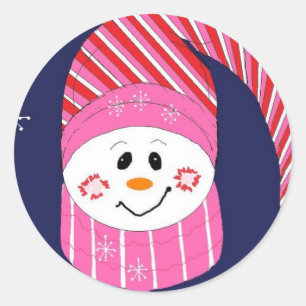 Adesivo Redondo Boneco de Neve com Chapéu Rosa e Vermelho