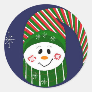 Adesivo Redondo Boneco de Neve Com Um Chapéu Listrado Comprido