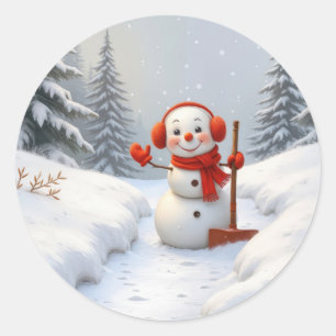Adesivo Redondo Boneco de Neve de Natal com uma Pá Vermelha