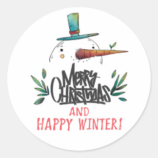 Adesivo Redondo Boneco de Neve Desenhado à Mão Artístico Feliz Nat