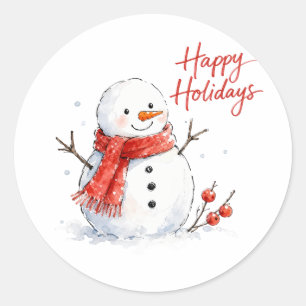 Adesivo Redondo Boneco de Neve em Aquarela com Cachecol Vermelho