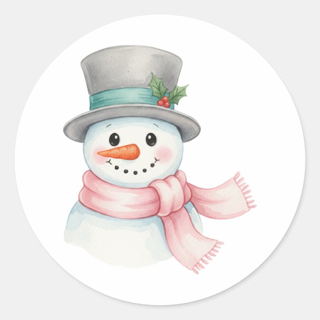 Adesivo Redondo Boneco de Neve em Aquarela Fofa com Cachecol Rosa  (Frente)