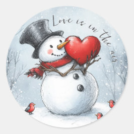 Adesivo Redondo Boneco de Neve Oferece Amor com um Grande Coração