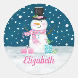 Adesivo Redondo Boneco de Neve Rosa Fofo Personalizado Natal Feria