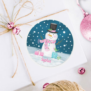 Adesivo Redondo Boneco de Neve Rosa Fofo Personalizado Natal Feria