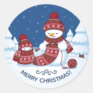Adesivo Redondo Boneco de Neve Tricotando Cachecol de Natal