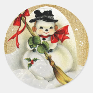 Adesivo Redondo Boneco de Neve Vintage com Glitter Dourado Classe