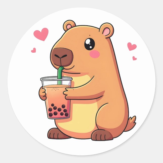 Adesivo Redondo Bonita Bebendo Capybara Boba Bubble Tea Women Girl (Frente)