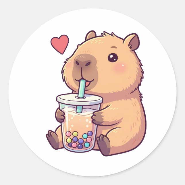 Adesivo Redondo Bonita Capybara Boba Tea Bubble para Rapariga (Frente)