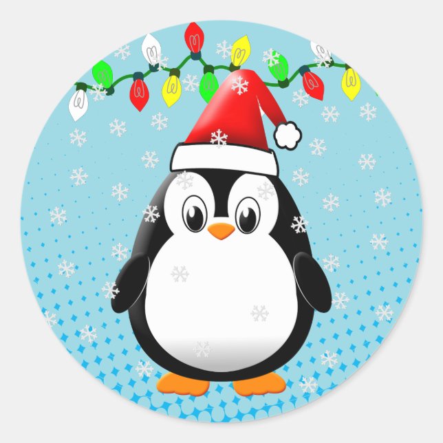 Adesivo Redondo Bonita Cartoon Penguin Santa Hat Luzes de Natal (Frente)