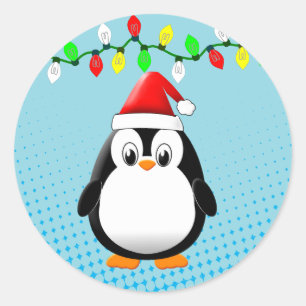 Adesivo Redondo Bonita Cartoon Penguin Santa Hat Luzes de Natal