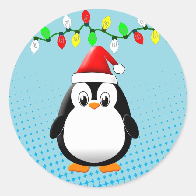 Adesivo Redondo Bonita Cartoon Penguin Santa Hat Luzes de Natal (Frente)
