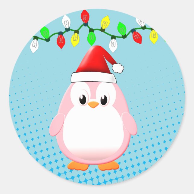 Adesivo Redondo Bonita Cartoon Penguin Santa Hat Luzes de Natal (Frente)