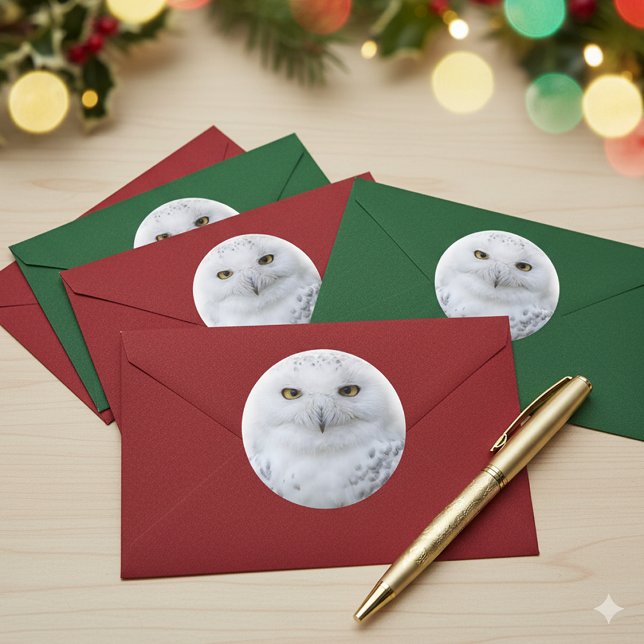 Adesivo Redondo Bonita, Dreamy e Serene Snowy Owl (Snowy Owl Sticker Cover Photo)