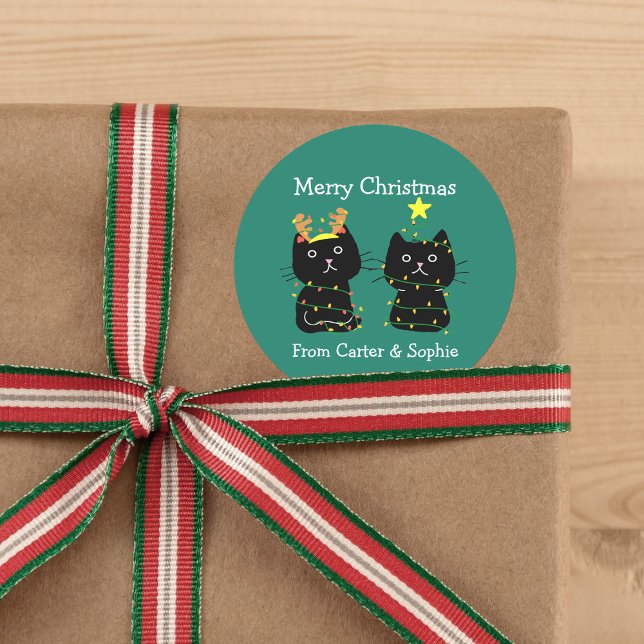 Adesivo Redondo Bonita Duas Luzes De Natal De Gato Personalizadas  (Criador carregado)