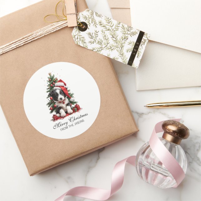 Adesivo Redondo Bonita fronteira Collie Puppy de Natal Personaliza (Presentear)