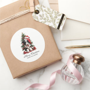 Adesivo Redondo Bonita fronteira Collie Puppy de Natal Personaliza