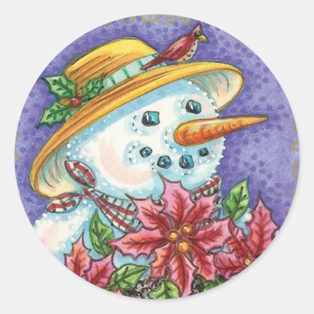 Adesivo Redondo Bonita Garota de Natal Snowman com Poinsettia (Frente)