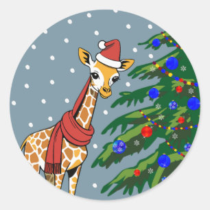 Adesivo Redondo Bonita Girafa Beanie e Scarf com árvore de Natal